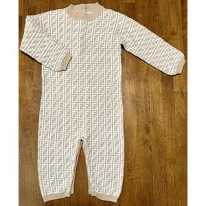 Fendi Kids Playsuit Baby Blue Tan Sweater Romper Size 90 (24m/2T) All Over Logo